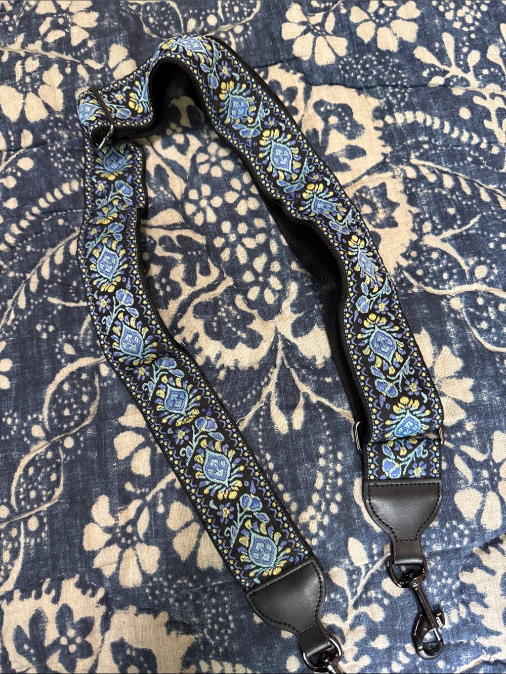 Adjustable Blue Floral Embroidered Guitar-Style Bag Strap